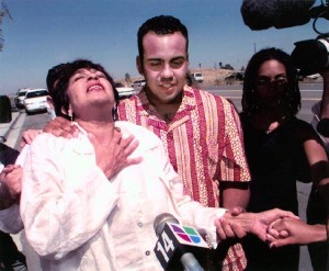 Dylcia Pagan, freed from prison after 19 years, on the arm of her son, Ernesto Gomez-Gomez. Gomez-Gomez